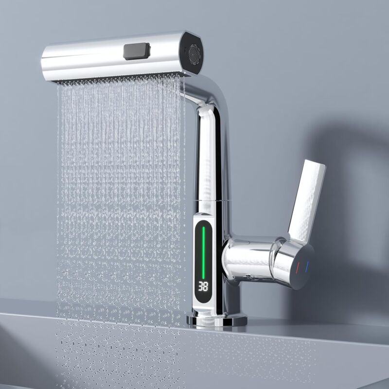 foto del prodotto gotrays rubinetto da cucina a cascata con spruzzatore in acciaio inox nichel spazzolato, rubinetto da cucina estraibile, rubinetto da bar