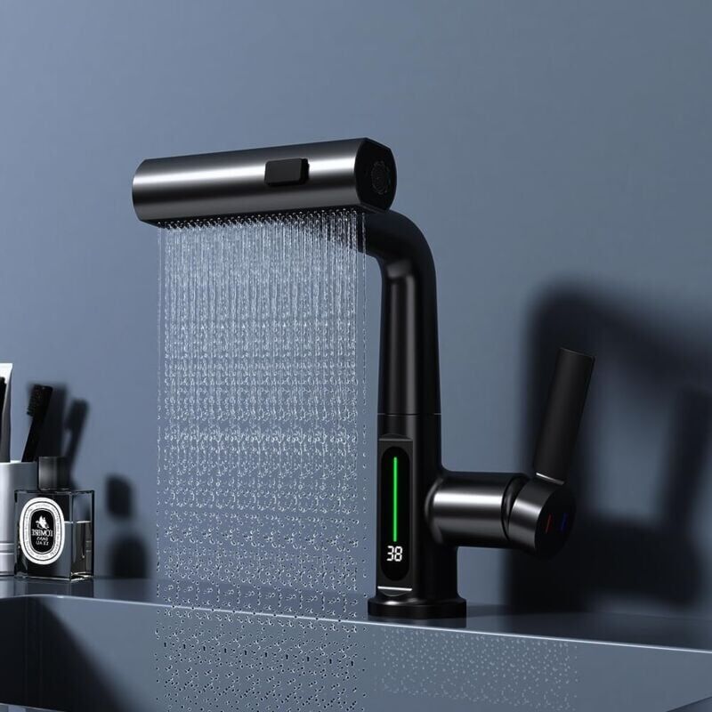 foto del prodotto gotrays rubinetto da cucina a cascata con spruzzatore in nichel spazzolato, rubinetto da cucina estraibile in acciaio inossidabile, rubinetto da