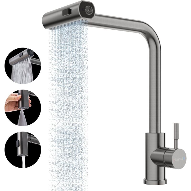 foto del prodotto gotrays rubinetto da cucina a cascata in acciaio inossidabile, rubinetto per lavello estraibile con spruzzatore a 3 modalit , rubinetto moderno per
