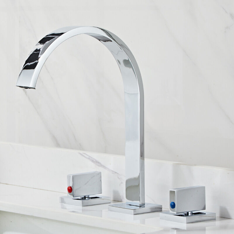 foto del prodotto gotrays rubinetto per lavabo da bagno a tre pezzi, miscelatore contemporaneo per acqua calda e fredda, montaggio a pavimento, argento