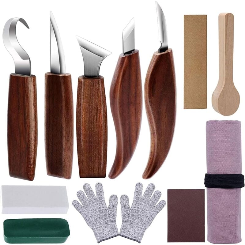 foto del prodotto gotrays set di 12 utensili per intaglio del legno, kit di utensili manuali per intaglio del legno, coltello per intaglio con gancio, coltello per