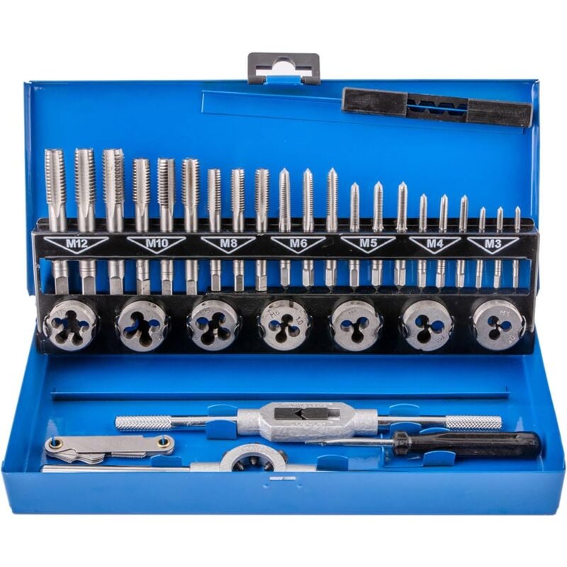 foto del prodotto gotrays set di 32 maschi e filiere metriche in lega di tungsteno per impieghi gravosi con custodia in metallo blu