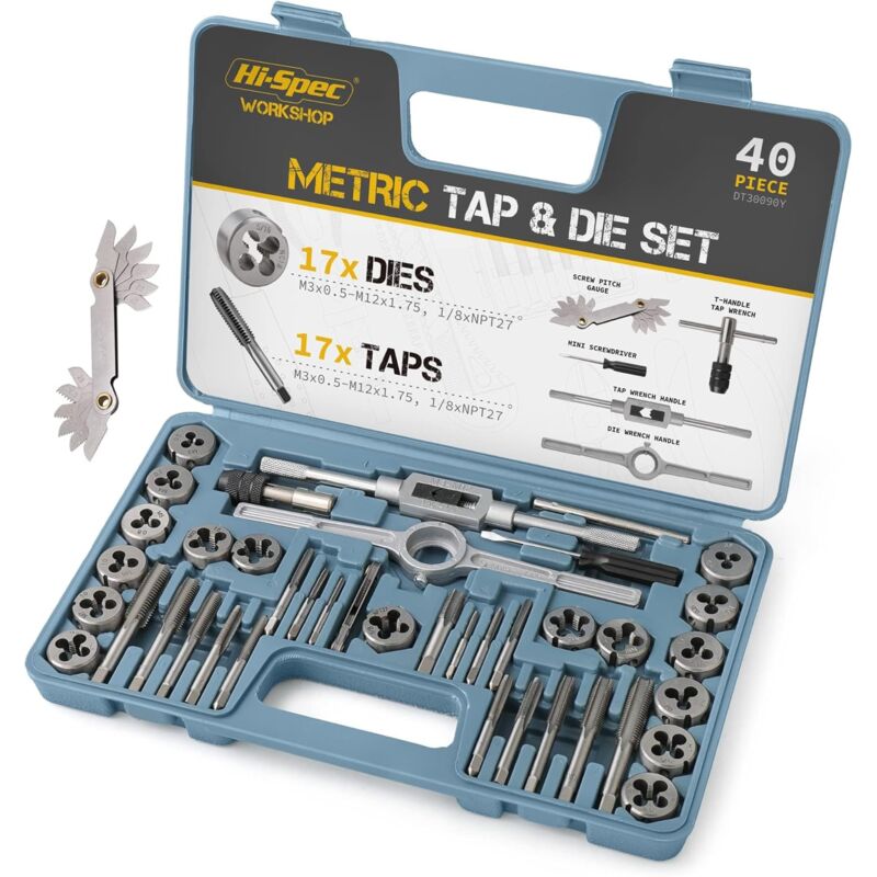 foto del prodotto gotrays set di 40 maschi e filiere m3 m12, filettatura fine e grossa, acciaio legato gcr15, valigetta per il trasporto kit per maschiatura e