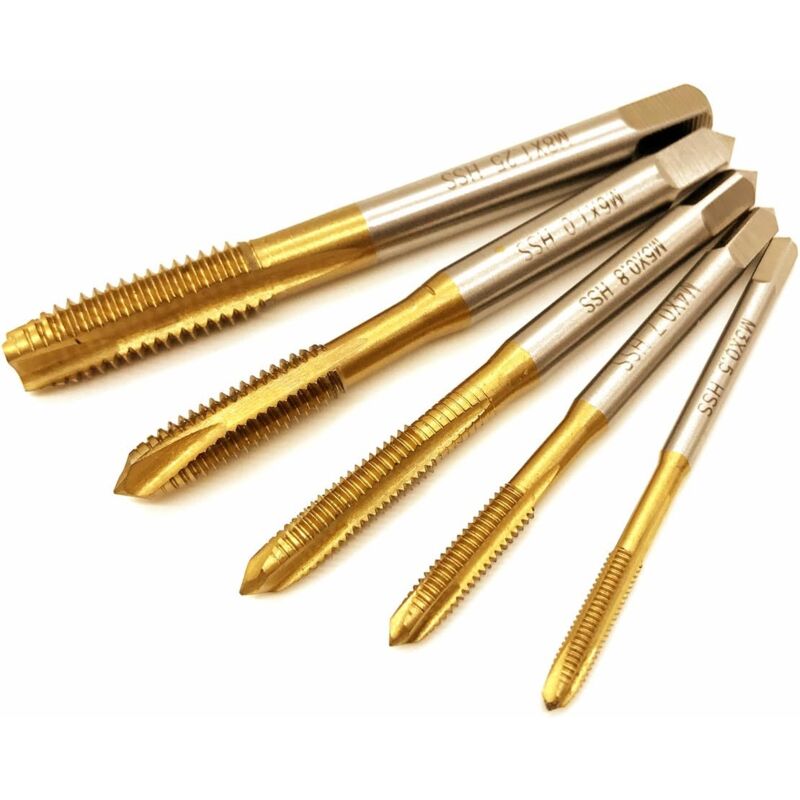 foto del prodotto gotrays set di maschi e filiere, 5 maschi per filettatura hss rivestiti in titanio m3 m4 m5 m6 m8 per mano destra, punta elicoidale, maschi per