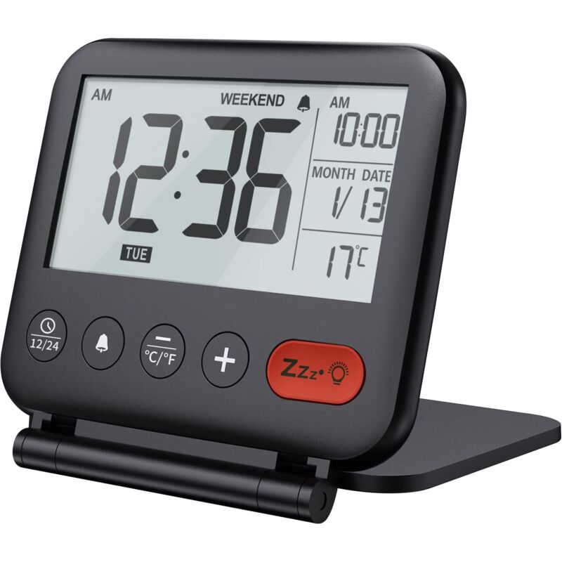 foto del prodotto gotrays sveglia da viaggio mini orologio digitale lcd portatile con calendario retroilluminato 12 24 ore temperatura specchio per il trucco piccolo