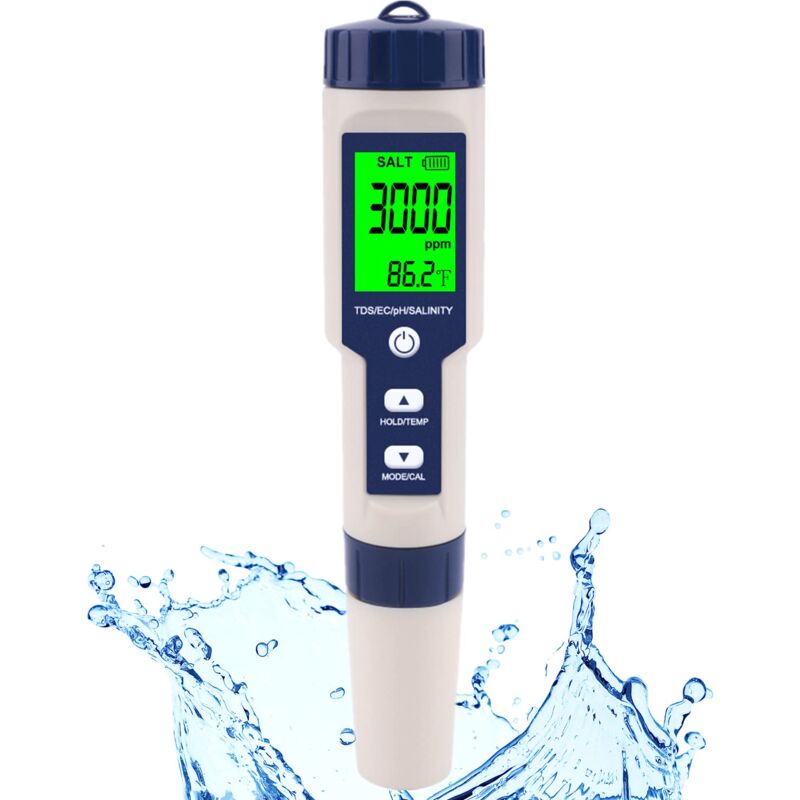 foto del prodotto gotrays tester digitale di sale e phmetro per piscine, acqua di mare e acqua potabile, 5 in 1, salinit , ph, temperatura, ec e tds per piscine,