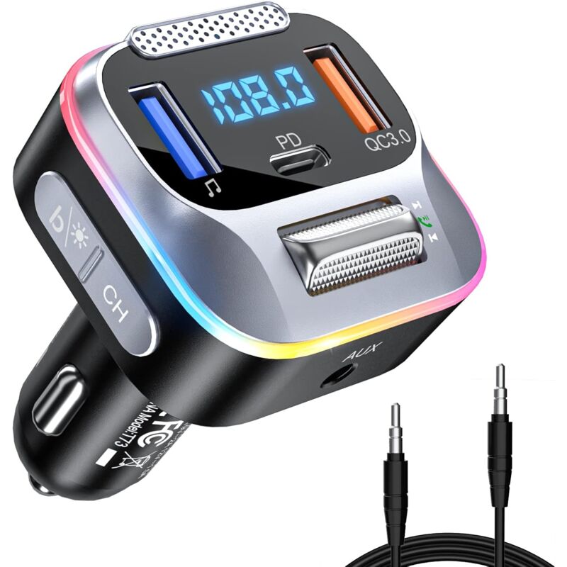 foto del prodotto gotrays trasmettitore fm bluetooth per auto, accendisigari, caricabatteria per auto bluetooth 5.0 pd qc3.0, ricevitore aux, microfono grande e
