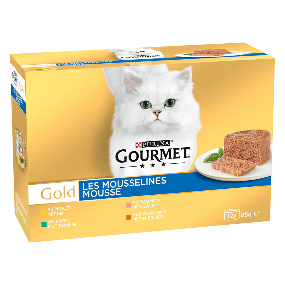 foto del prodotto gourmet gold mousse e pat 12 x 85 g umido per gatto mousse mix coniglio, pollo, salmone, reni 