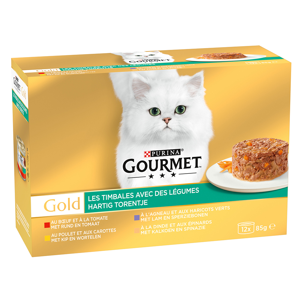 foto del prodotto gourmet gold tortini 12 x 85 g alimento umido per gatti mix verdura 3x con pomodori, 3x con carote, 3x fagiolini. 3x spinaci