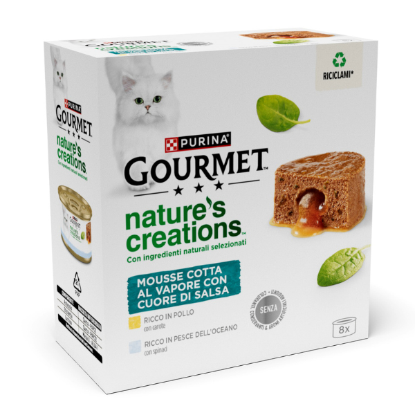 foto del prodotto gourmet nature s creation cat mousse cuore di salsa 8x85 gr 4x pesce dell oceano 4x pollo 1 ordine scegli lo sconto bzr5 bzr20 200 punti fedelt 