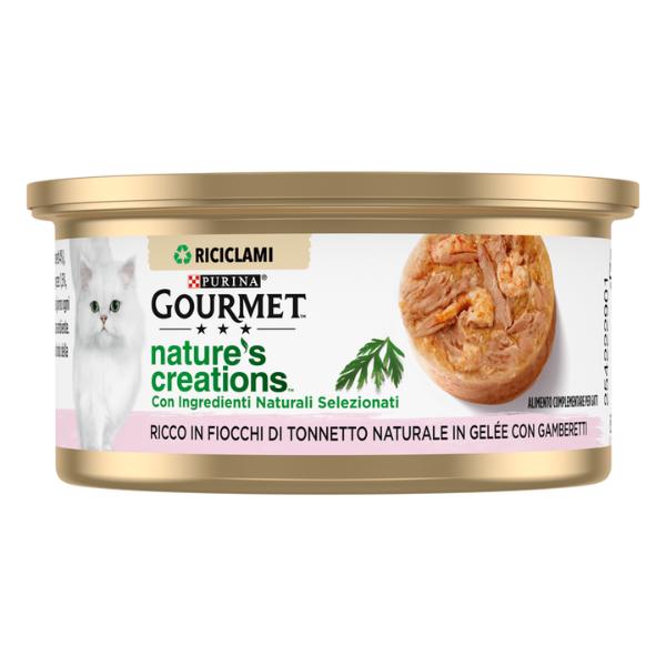 foto del prodotto gourmet nature's creations fiocchi in gelatina 70 gr - tonno e gamberetti scadenza 31 03 2026 - confezione da 24 pezzi - cibo umido per gatti - 1 ordine scegli lo sconto bzr5 bzr20 200 punti fedeltà