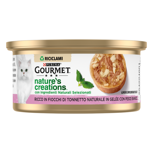 foto del prodotto gourmet nature's creations fiocchi in gelatina 70 gr - tonno e orata scadenza 31 01 2026 - confezione da 24 pezzi - cibo umido per gatti - 1 ordine scegli lo sconto bzr5 bzr20 200 punti fedeltà