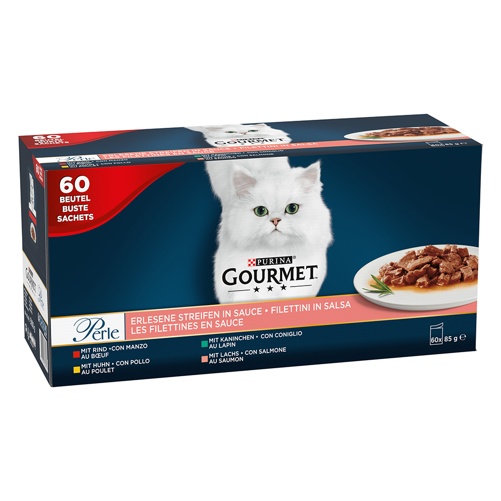 foto del prodotto gourmet perle 60 x 85 g alimento umido per gatti filettini manzo, coniglio, salmone e pollo