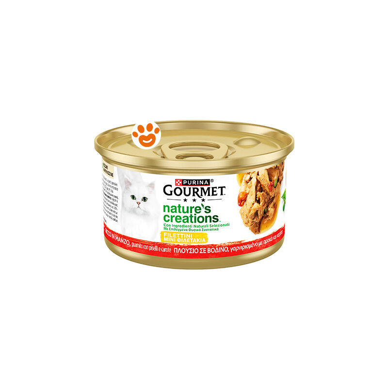foto del prodotto gourmet purina cat nature creations con manzo, piselli e carote purina cat nature creations con manzo, piselli e carote lattina da 85 gr