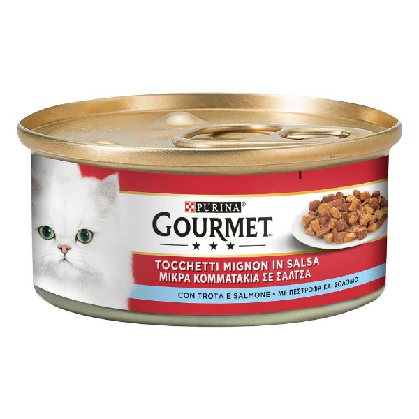foto del prodotto gourmet tocchetti mignon in salsa 195 gr - salmone e trota - confezione da 6 pezzi - cibo umido per gatti - 1 ordine scegli lo sconto bzr5 bzr20 200 punti fedeltà