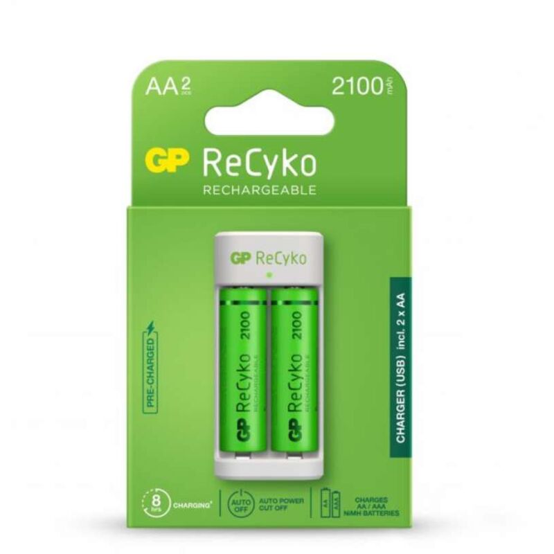 foto del prodotto gp batteries caricabatterie usb con 2 batterie ricaricabili 1,5v stilo aa 2100mah incluse