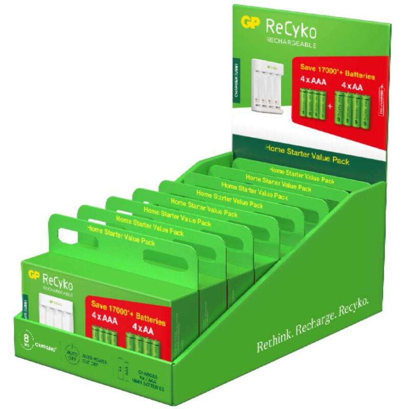 foto del prodotto gp batteries caricabatterie usb recyko e211 con 4 batterie stilo 1,5v aa e 4 batterie mini stilo 1,5v aaa