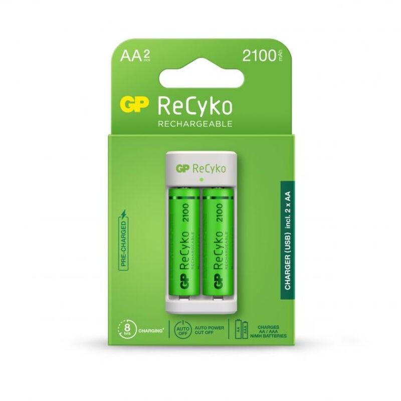 foto del prodotto gp batteries gp battery caricabatterie usb con 2 batterie ricaricabili 1,5v stilo aa 2100mah incluse