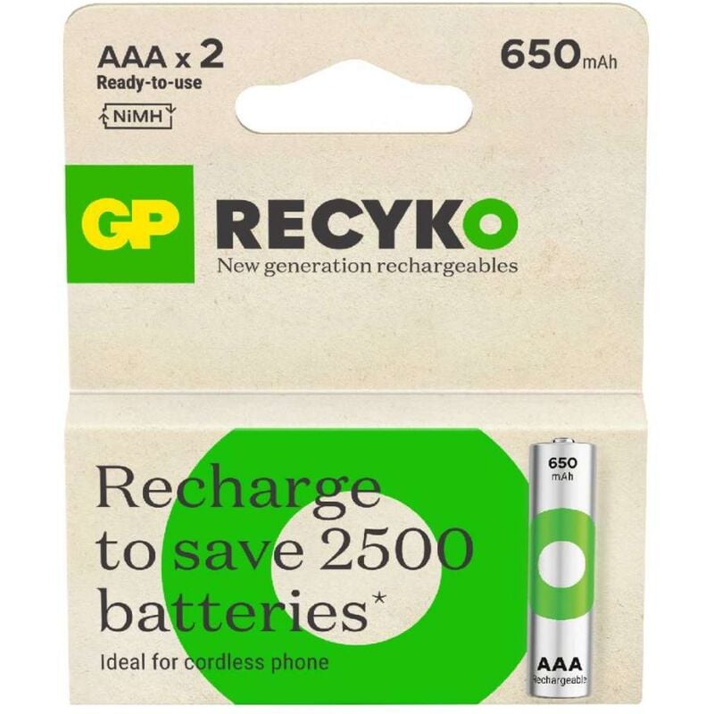 foto del prodotto gp batteries recyko batteria ricaricabile 1,5v mini stilo aaa 650mah confezione 2 pezzi 