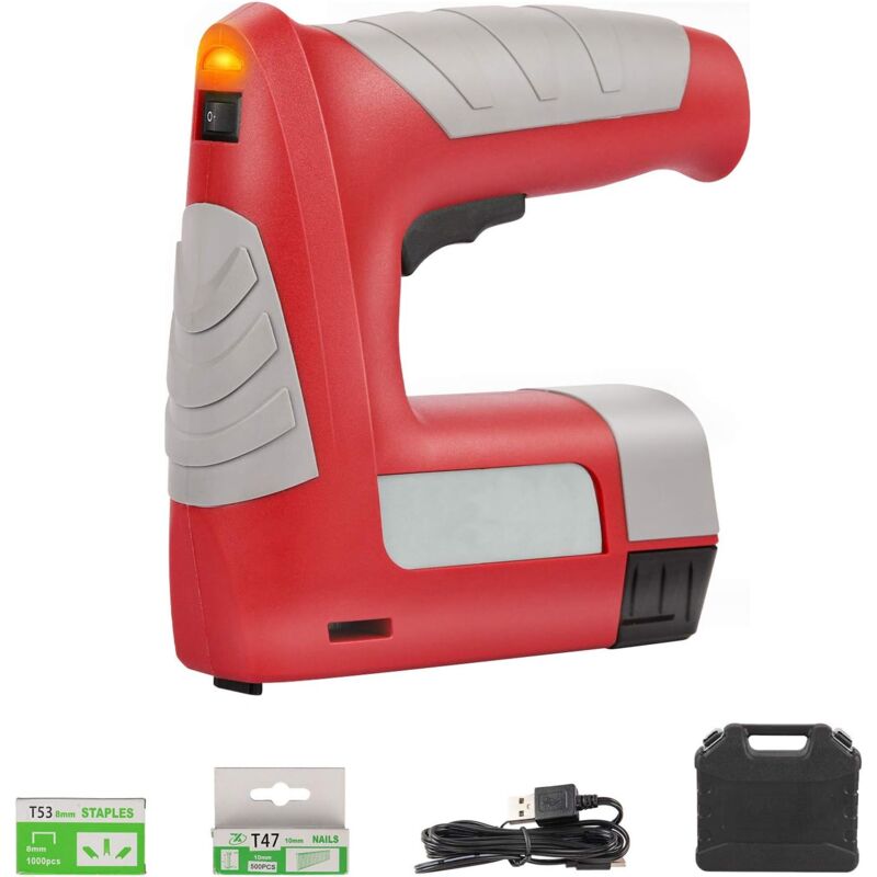 foto del prodotto graffatrice elettrica, pistola sparachiodi, batteria al litio, ricarica usb, chiodatrice elettrica senza fili, 3 tipi di chiodi, 30 chiodi min,