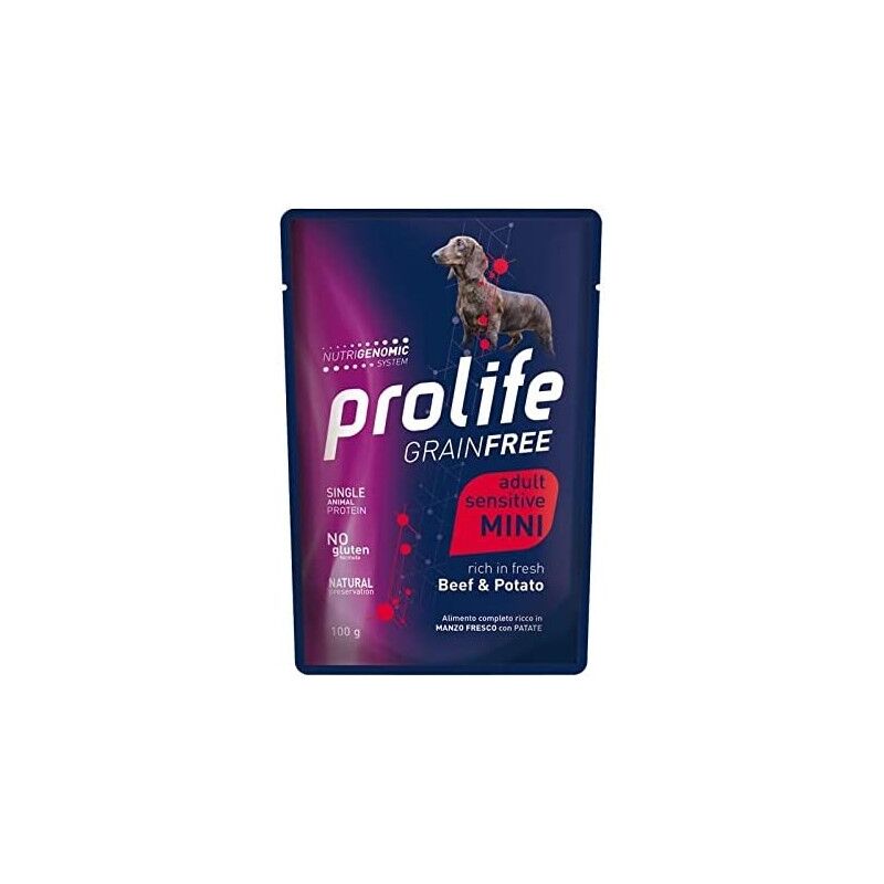 foto del prodotto grain free adult sensitive manzo patate mini bustine da 100 gr. in confezione da 10 pezzi prolife