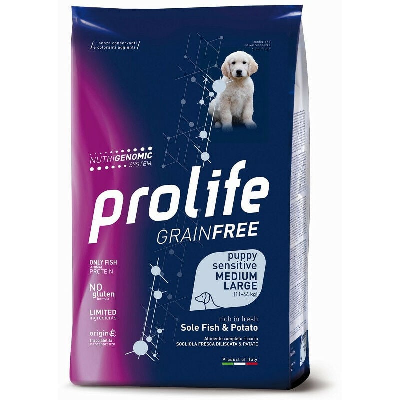 foto del prodotto grain free per cani puppy medium large con sogliola e prolife