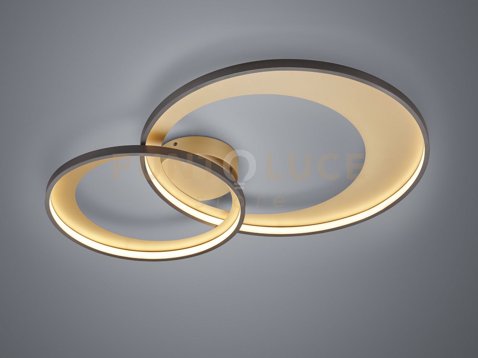 foto del prodotto granada plafoniera led doppio crechio nero con riflettore oro opaco con funzione regolazione intensita con interruttore parete l. 85cm 36w 4300lm, 3000k