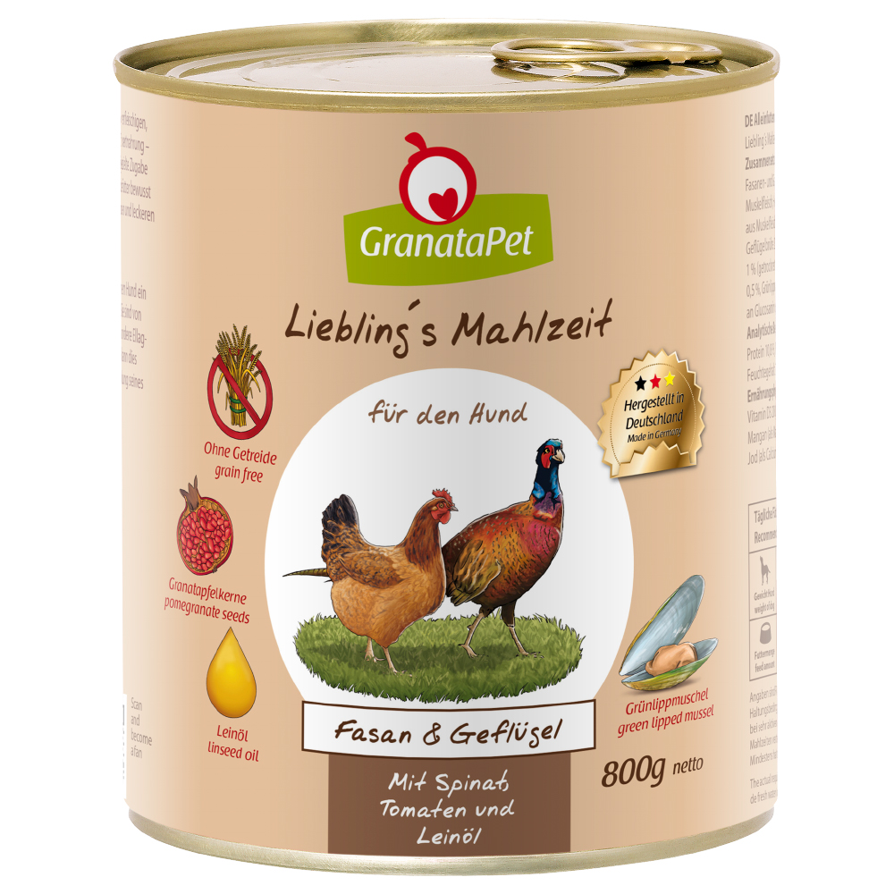 foto del prodotto granatapet 6 x 800 g alimento umido per cane adult fagiano pollame con spinaci, pomodori e olio di lino
