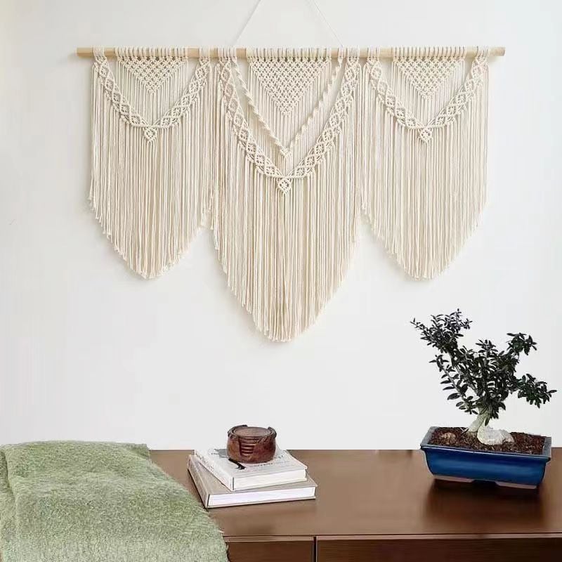 foto del prodotto grande arazzo da parete in stile boho chic, intrecciato, con nappe e foglie, in corda di cotone, stile boh mien, in macram , per camera da letto,