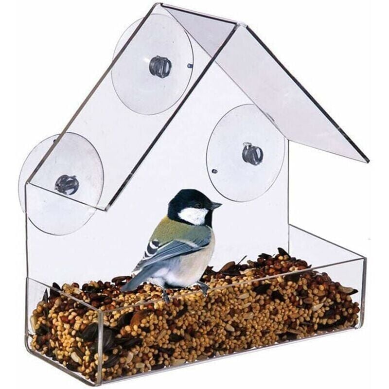 foto del prodotto grande mangiatoia per uccelli da appendere all esterno, dotata di 3 potenti ventose, realizzata in acrilico trasparente e impermeabile.