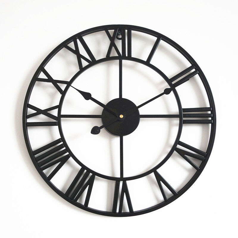 foto del prodotto grande orologio da parete retr in ferro, orologio rotondo silenzioso a batteria con numeri romani, stile vintage per la decorazione del soggiorno,