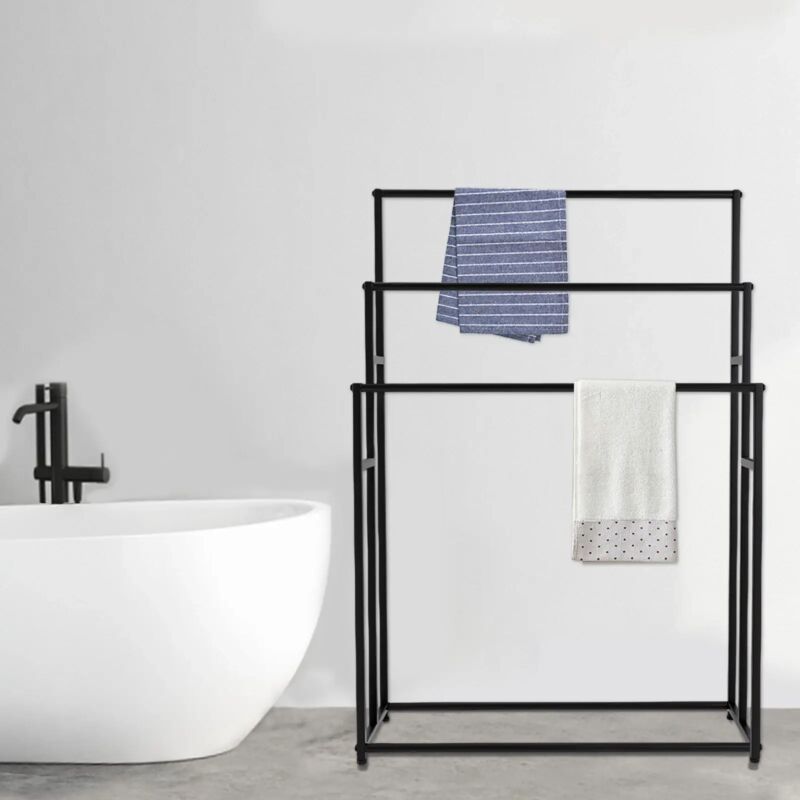 foto del prodotto grande portasciugamani autoportante a 3 livelli, portasciugamani da bagno, grande per asciugare asciugamani per camera da letto, bagno o piscina