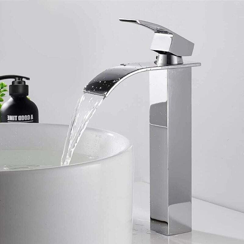 foto del prodotto grande rubinetto per bagno a cascata, miscelatore monocomando cromato argento, rubinetto per lavabo in acciaio inossidabile sus304, resistente,