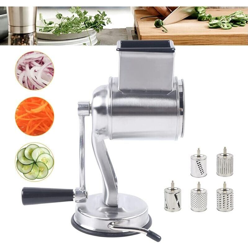 foto del prodotto grattugia a tamburo manuale, affettatrice per verdure in acciaio inossidabile, grattugia rotante per formaggio con 5 lame a tamburo per formaggio,
