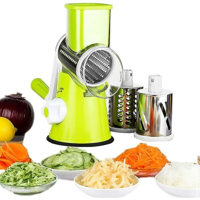 foto del prodotto grattugia e affettatrice rotativa per formaggio, tritatutto e trituratore manuale per verdure, affettatrice mandolina con 3 lame a tamburo verde 