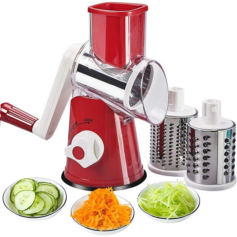 foto del prodotto grattugia manuale rotativa per verdure. grattugia verdura manuale grattugia multifunzione a tamburo, con 3 lame in acciaio inossidabile, per frutta.