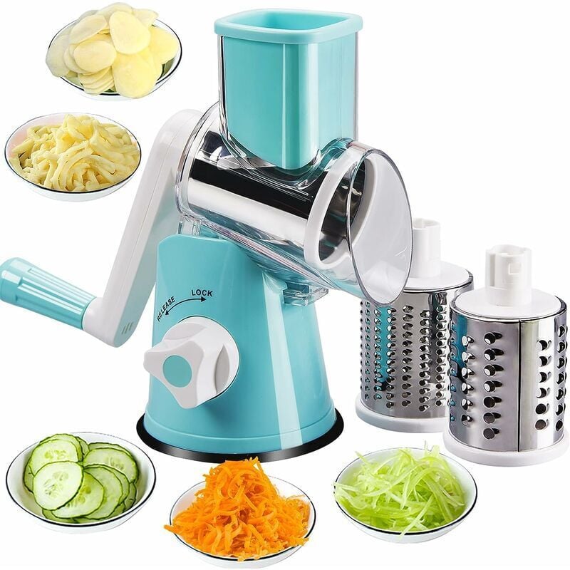 foto del prodotto grattugia per verdure rotante manuale, grattugia per verdure manuale grattugia a tamburo multifunzione, con 3 lame in acciaio inossidabile, per
