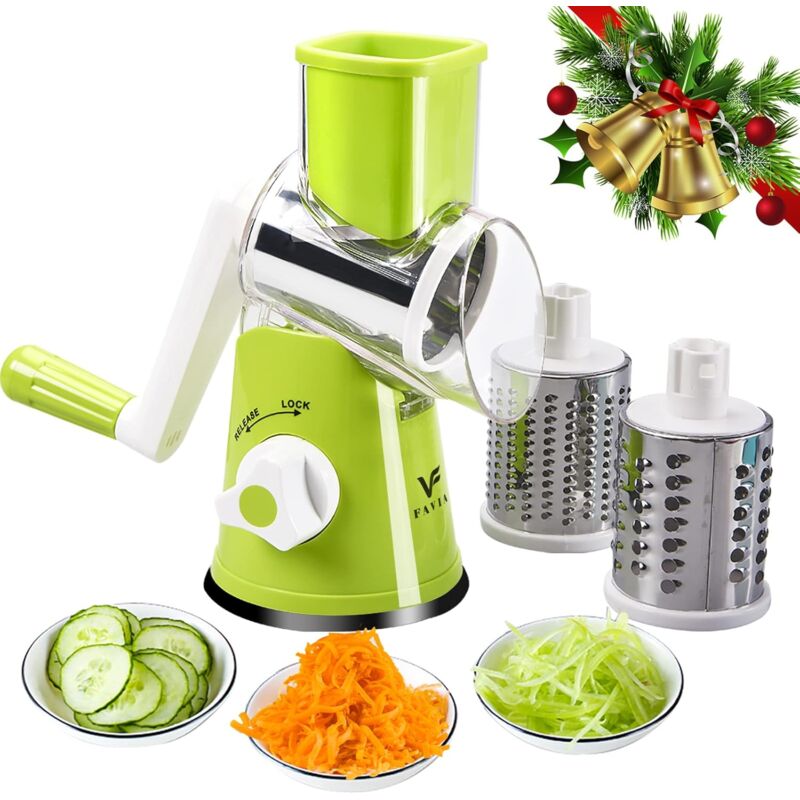 foto del prodotto grattugia rotante con manico, da cucina, 3 lame intercambiabili per formaggio, patate, zucchine, noci, cioccolato, verde