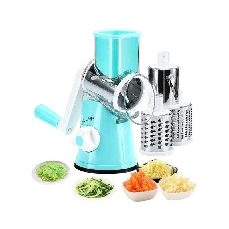 foto del prodotto grattugia rotativa manuale e affettatrice mandolina per verdure, noci, carote, cetrioli, zucchine, lame multiple in acciaio inossidabile blu 