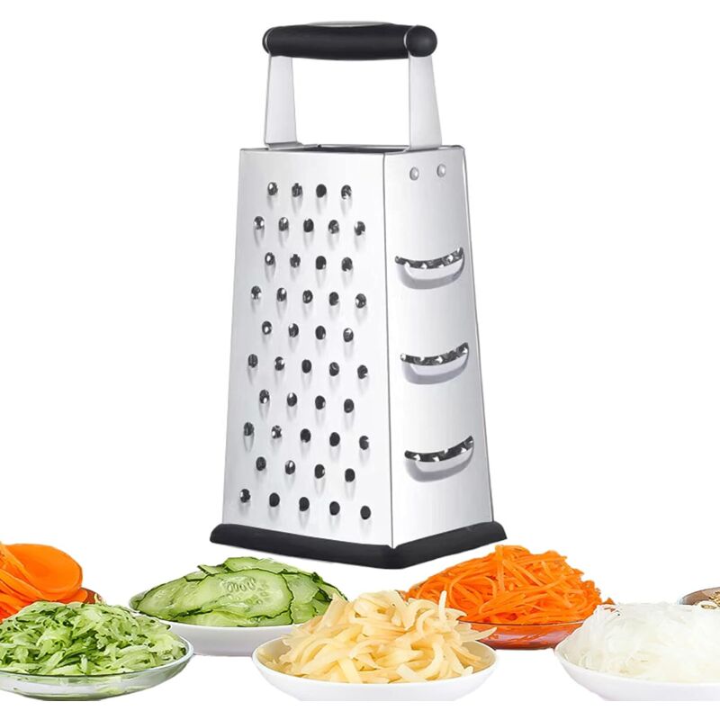 foto del prodotto grattugia verticale in acciaio inox, grattugia a quattro lati per cetrioli, carote e formaggio, grattugia per melone, grattugia per patate, pialla,