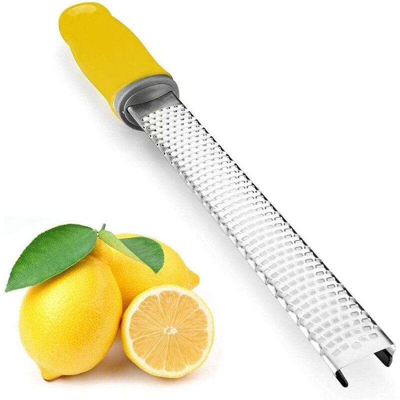 foto del prodotto grattugia zester in acciaio inox con coperchio di sicurezza giallo a 