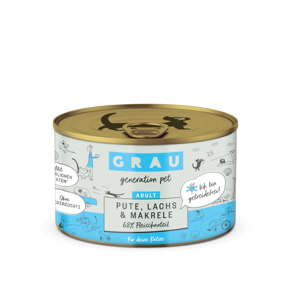 foto del prodotto grau adult senza cereali 6 x 200 g alimento umido per gatti tacchino, salmone sgombro