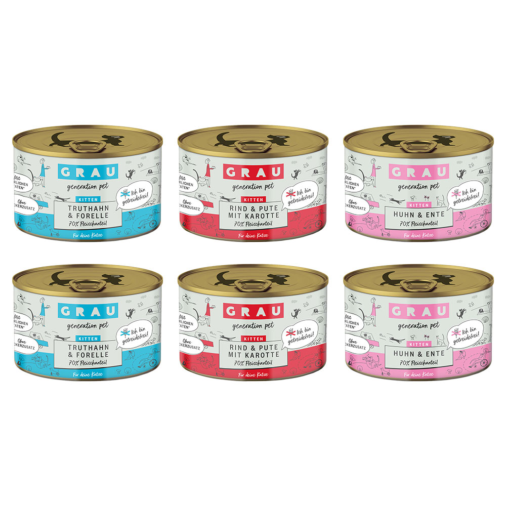 foto del prodotto grau kitten pacco misto 6 x 200 g, mix manzo, tacchino e carote tacchino e trota pollo e anatra