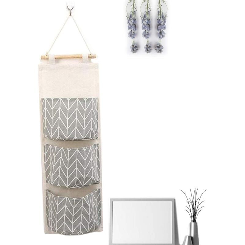 foto del prodotto graziosa borsa portaoggetti in lino appesa dietro una porta a muro pieghevole per riporre piccoli oggetti nell'ingresso