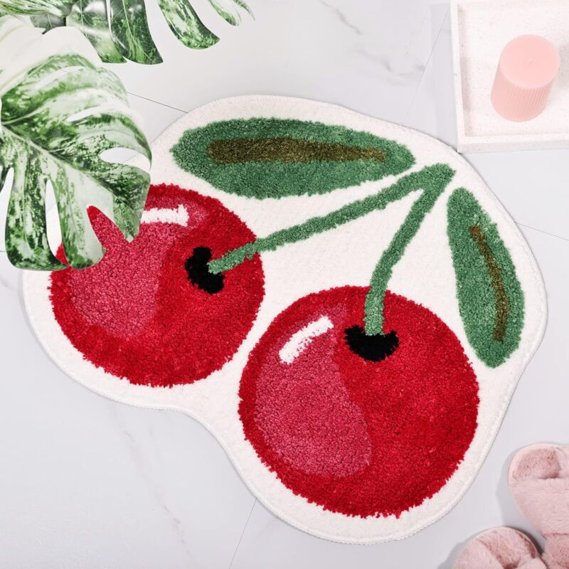 foto del prodotto grazioso tappetino da bagno a forma di ciliegia per il bagno, lussuoso e fresco tappeto da bagno antiscivolo a forma di frutta, assorbente, tappetino