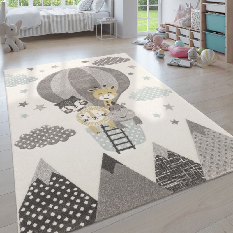 foto del prodotto grazioso tappeto per la cameretta dei bambini mongolfiera nuvole allegri animali in crema pastello 133 cm quadrato paco home