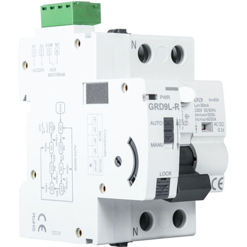 foto del prodotto grd9l r rccb automatic recloser 2p interruttore automatico 40a 30ma smart circuit breaker tipo ac dewin