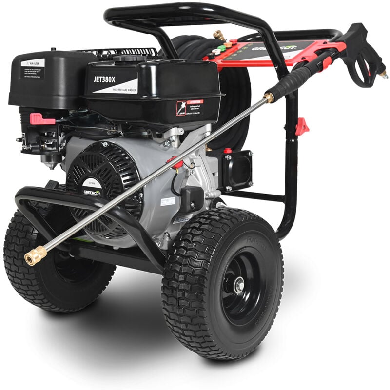 foto del prodotto greencut idropulitrice con motore a benzina 4 tempi 420cc 8cv, tubo flessibile da 10m e prolunga da 20m, 5 diversi ugelli a pressione jet380x