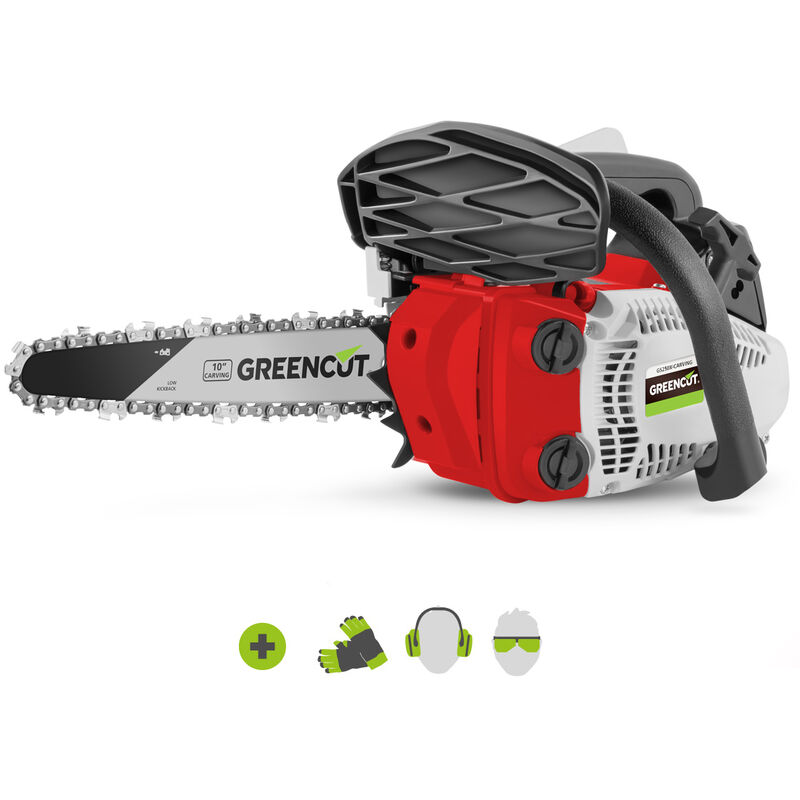 foto del prodotto greencut motoseghe a scoppio 2 tempi 25cc 1.4cv, spada da 10 , num denti 42, manubrio ergonomico, imbracatura a tracolla gs250x carving