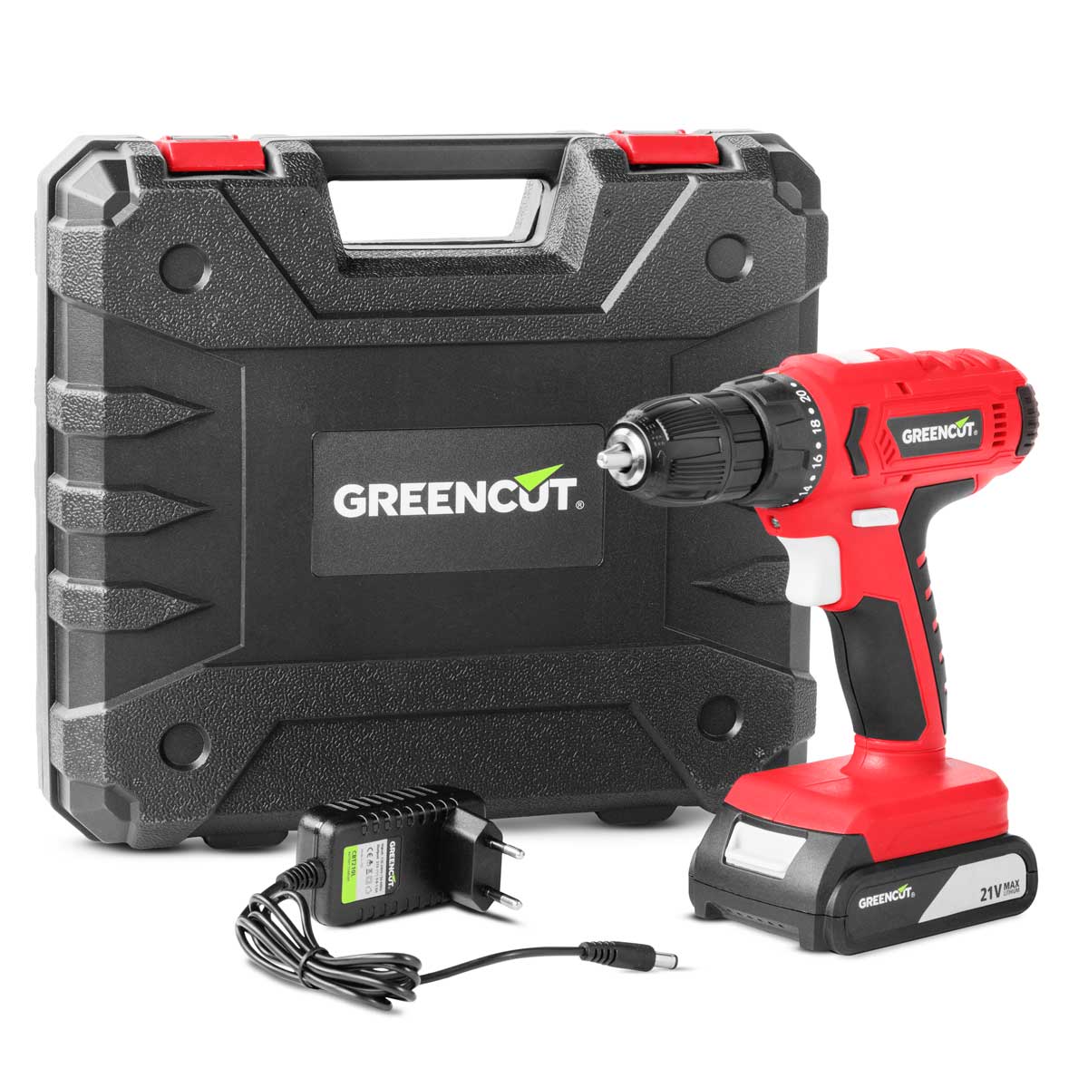 foto del prodotto greencut td210l - avvitatore/trapano a batteria 21v, 2 in 1, luce led, batteria al litio, colore rosso